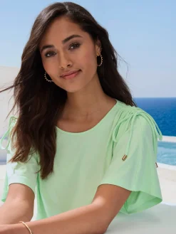 T-shirt à col rond fronce avec liens à nouer aux épaules pour régler la longueur des manches : manches courtes ou mi-longues