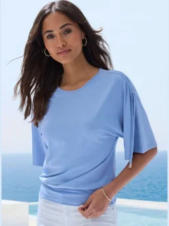 T-shirt à col rond fronce avec liens à nouer aux épaules pour régler la longueur des manches : manches courtes ou mi-longues