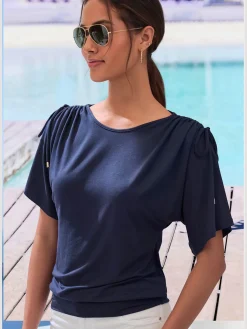 T-shirt à col rond fronce avec liens à nouer aux épaules pour régler la longueur des manches : manches courtes ou mi-longues