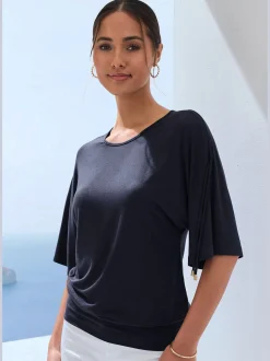 T-shirt à col rond fronce avec liens à nouer aux épaules pour régler la longueur des manches : manches courtes ou mi-longues
