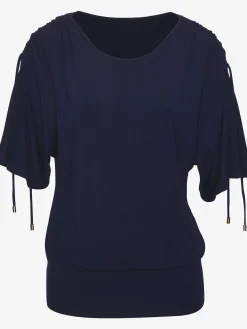 T-shirt à col rond fronce avec liens à nouer aux épaules pour régler la longueur des manches : manches courtes ou mi-longues