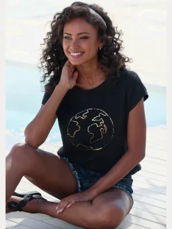 T-shirt à col rond imprimé feuille brillant « globe terrestre »