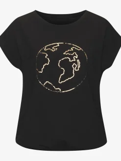 T-shirt à col rond imprimé feuille brillant « globe terrestre »