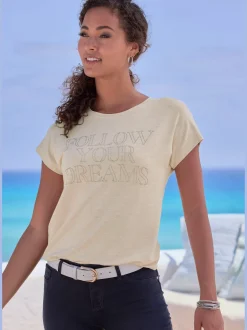 T-shirt à col rond inscription de qualité en strass « follow your dreams »