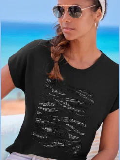T-shirt à col rond motif en strass de qualité