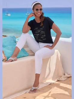 T-shirt à col rond motif en strass de qualité