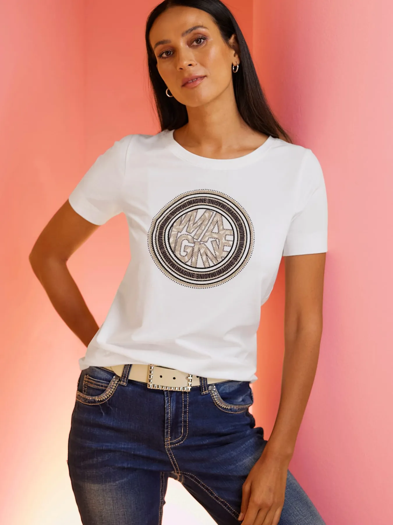 T-shirt à encolure ronde jolies pierres brillantes fantaisie