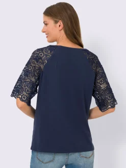 T-shirt à encolure ronde manches en dentelle