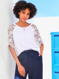 T-shirt à encolure ronde manches en dentelle