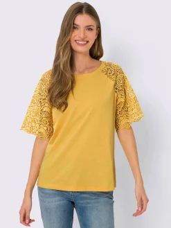 T-shirt à encolure ronde manches en dentelle