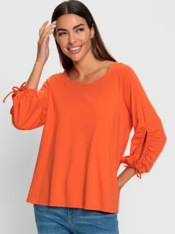 T-shirt à encolure ronde manches raffinées avec fente et liens à nouer
