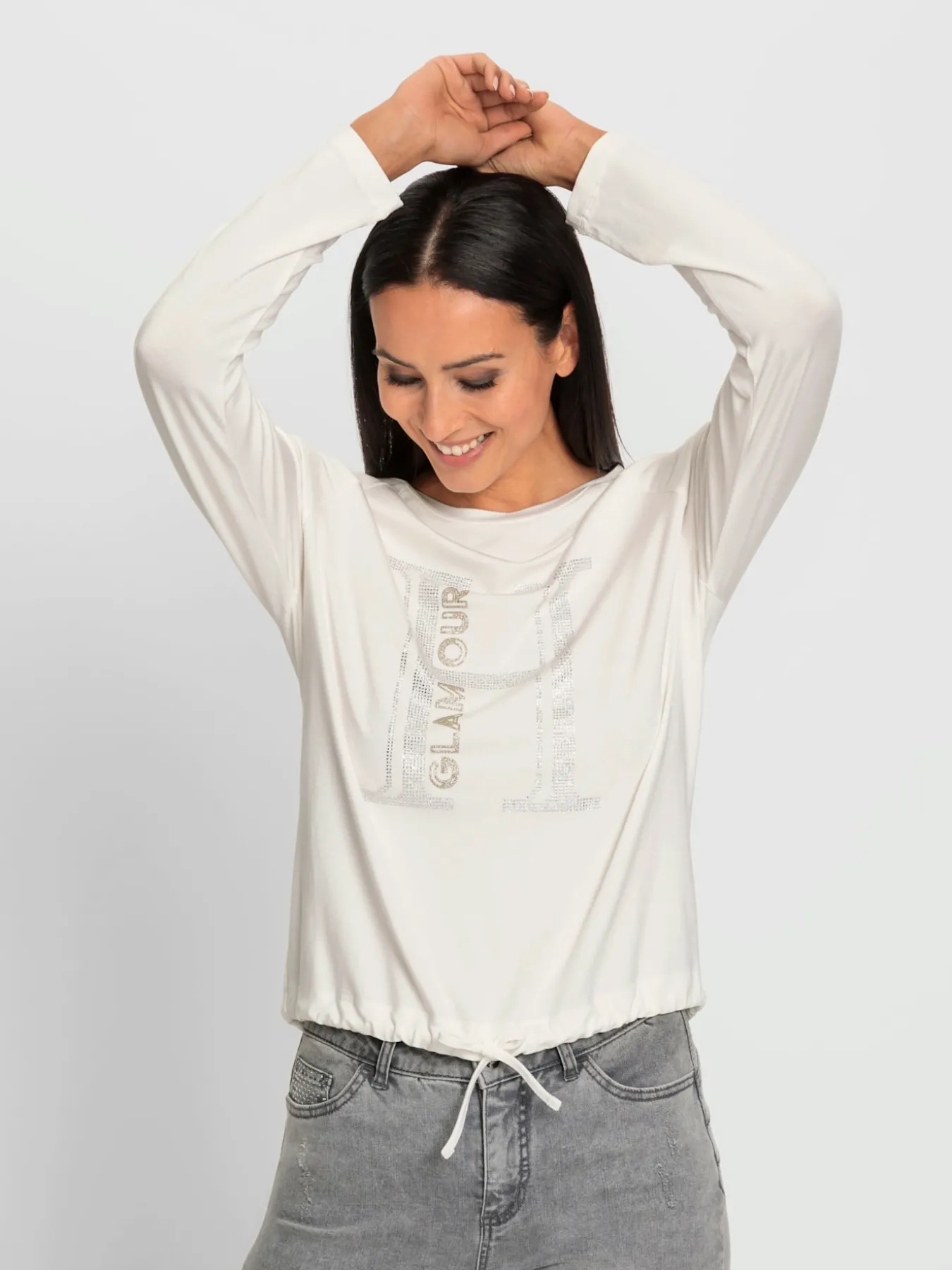 T-shirt à encolure ronde petites pierres brillantes fantaisie