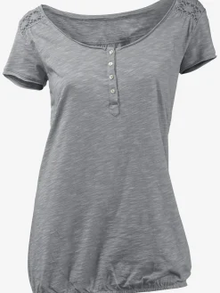T-shirt à encolure ronde superbes détails en dentelle et boutons brillants