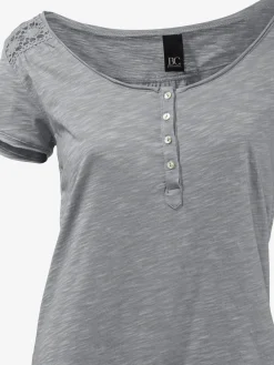 T-shirt à encolure ronde superbes détails en dentelle et boutons brillants