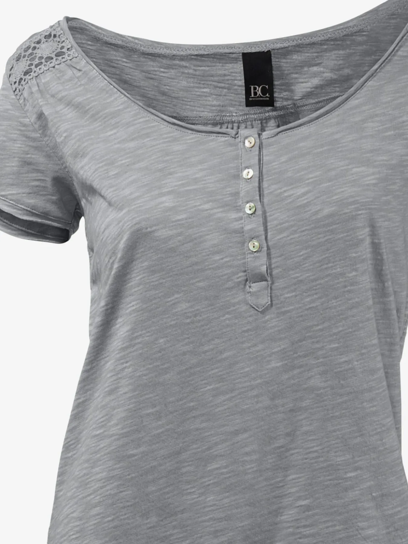 T-shirt à encolure ronde superbes détails en dentelle et boutons brillants
