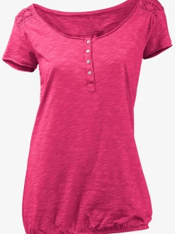 T-shirt à encolure ronde superbes détails en dentelle et boutons brillants