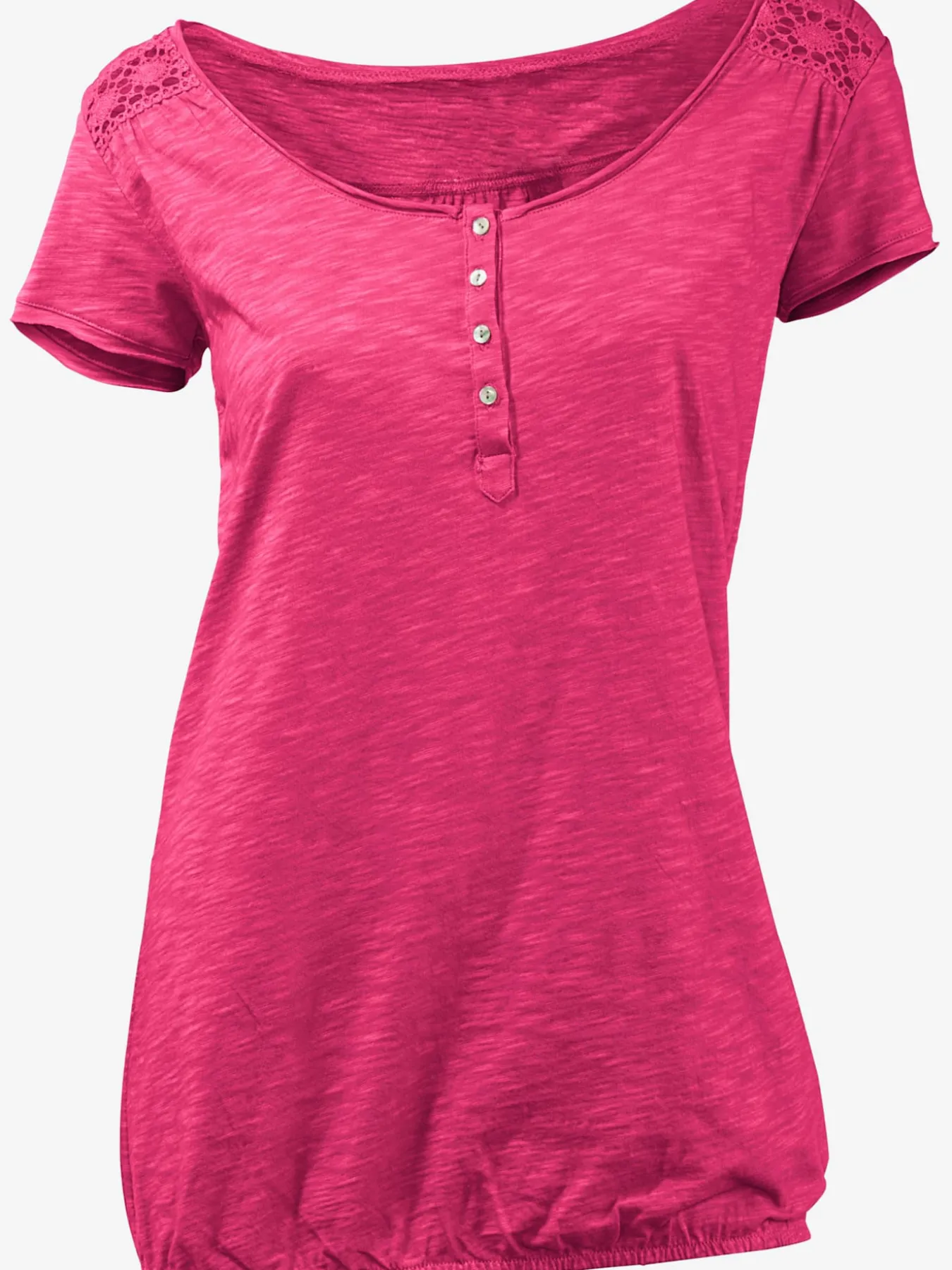 T-shirt à encolure ronde superbes détails en dentelle et boutons brillants