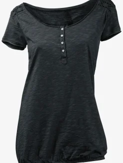 T-shirt à encolure ronde superbes détails en dentelle et boutons brillants