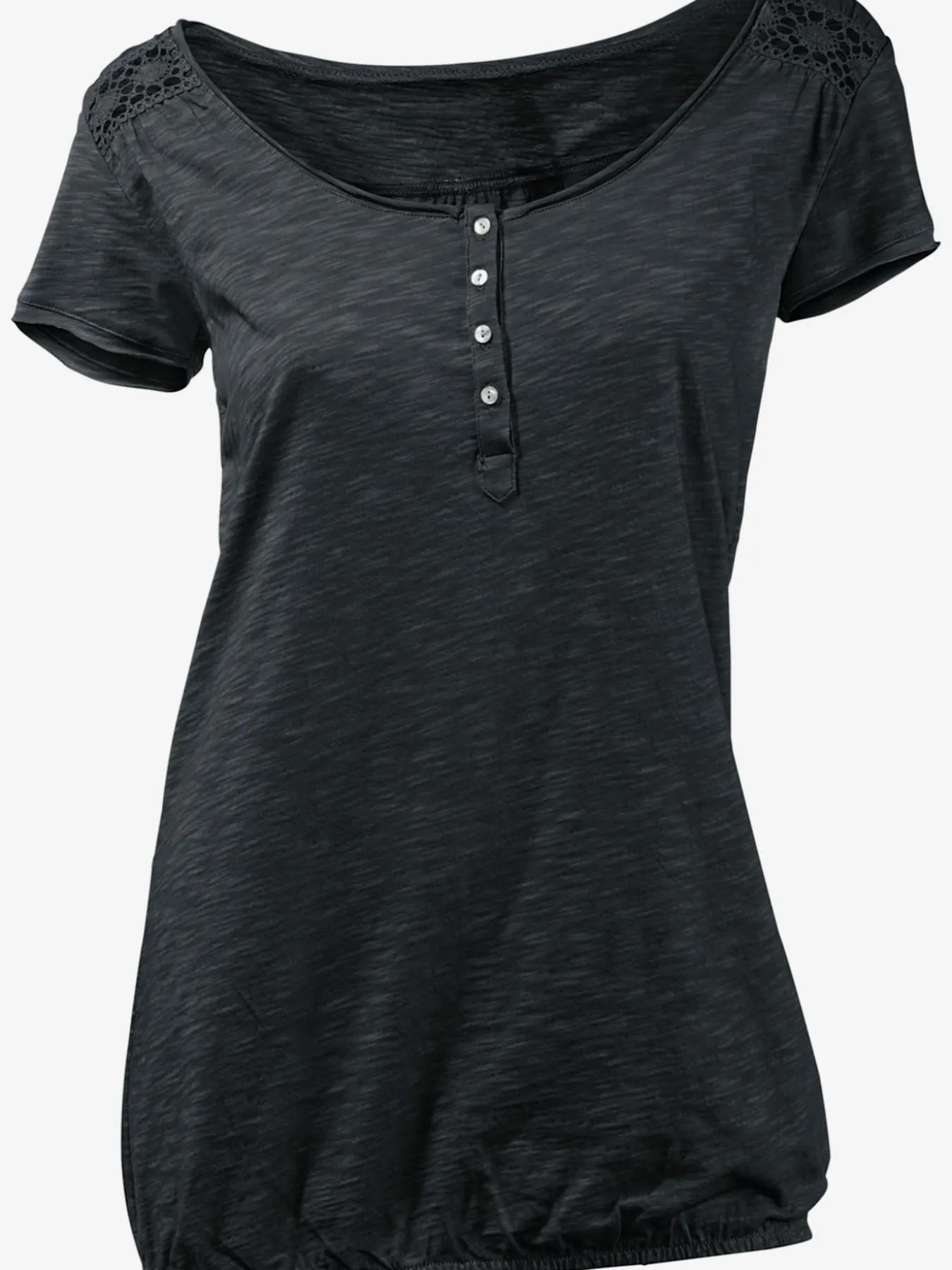 T-shirt à encolure ronde superbes détails en dentelle et boutons brillants