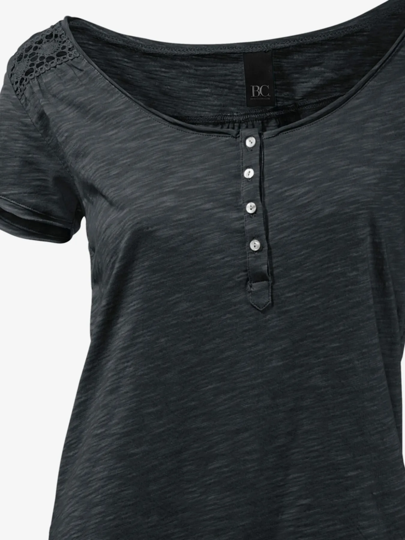 T-shirt à encolure ronde superbes détails en dentelle et boutons brillants