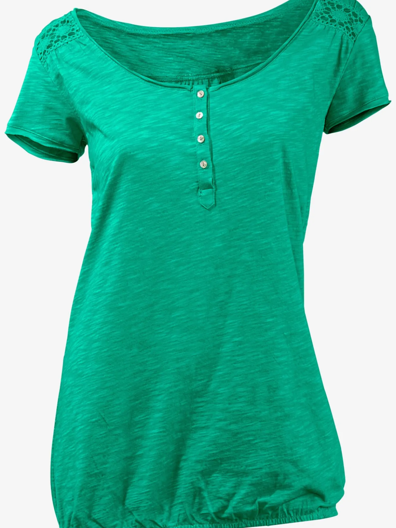 T-shirt à encolure ronde superbes détails en dentelle et boutons brillants