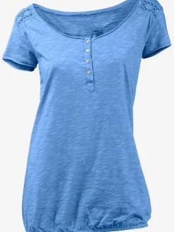 T-shirt à encolure ronde superbes détails en dentelle et boutons brillants