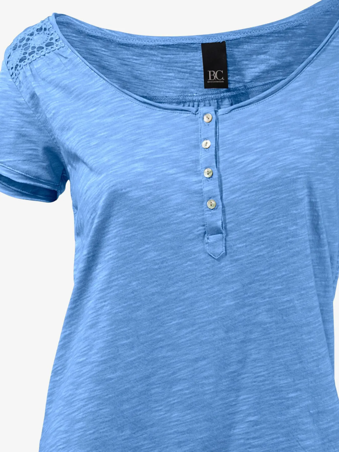 T-shirt à encolure ronde superbes détails en dentelle et boutons brillants
