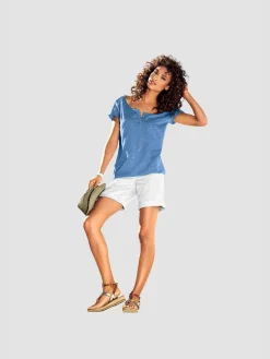 T-shirt à encolure ronde superbes détails en dentelle et boutons brillants