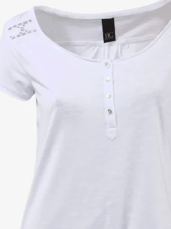 T-shirt à encolure ronde superbes détails en dentelle et boutons brillants