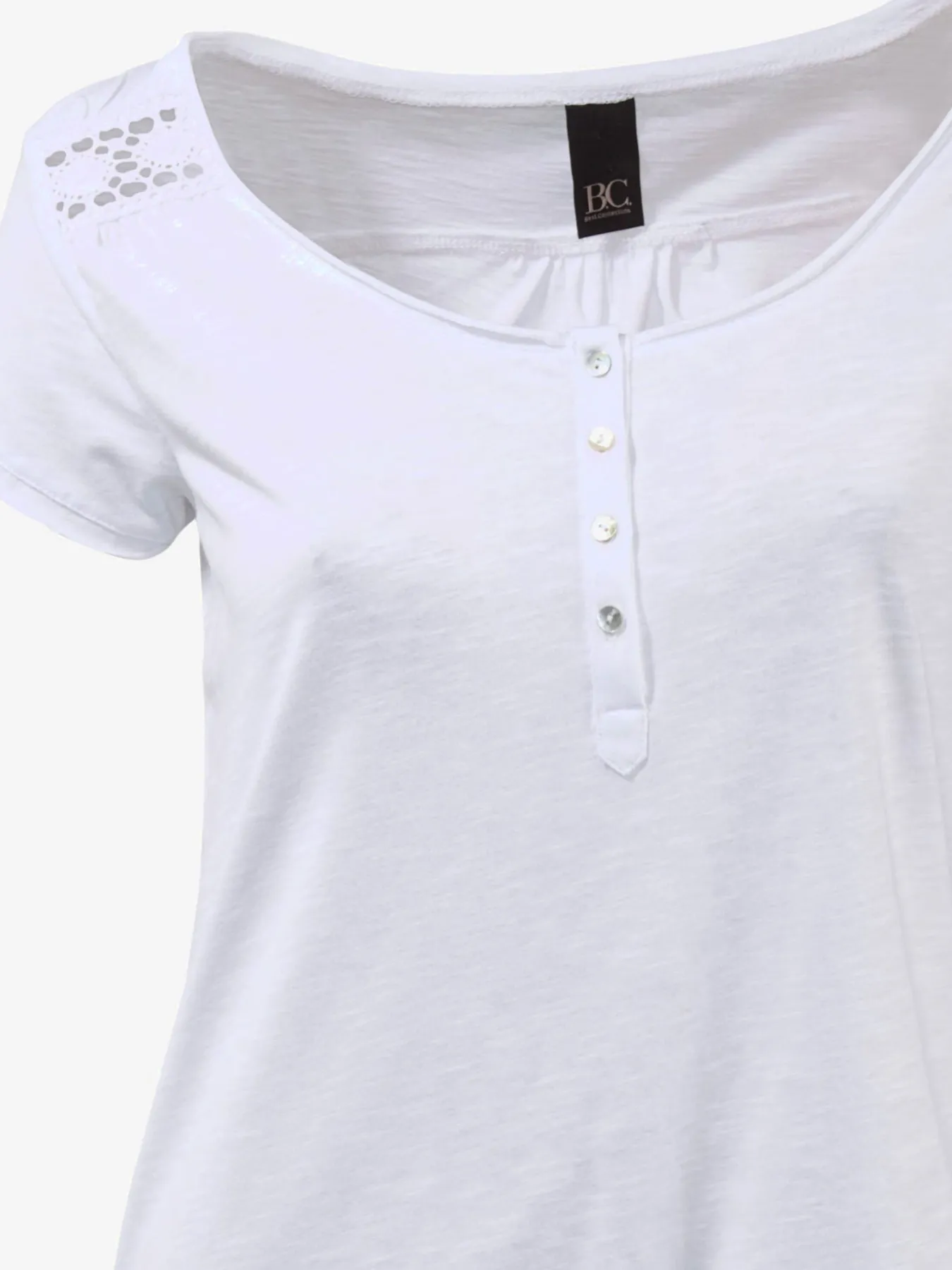T-shirt à encolure ronde superbes détails en dentelle et boutons brillants
