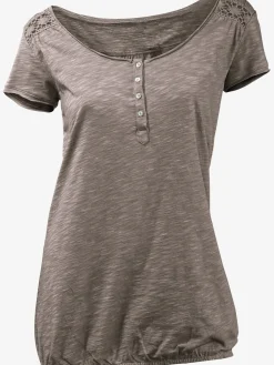T-shirt à encolure ronde superbes détails en dentelle et boutons brillants