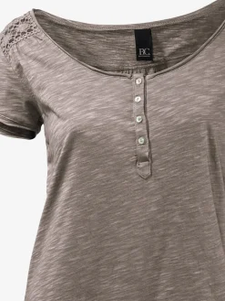 T-shirt à encolure ronde superbes détails en dentelle et boutons brillants