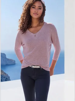 T-shirt à manches 3/4 bouton brillant à strass au niveau de l'encolure