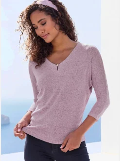 T-shirt à manches 3/4 bouton brillant à strass au niveau de l'encolure