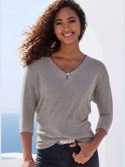 T-shirt à manches 3/4 bouton brillant à strass au niveau de l'encolure