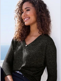 T-shirt à manches 3/4 bouton brillant à strass au niveau de l'encolure