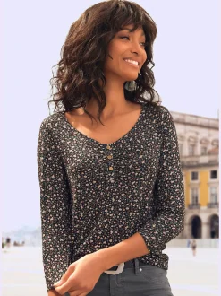 T-shirt à manches 3/4 patte de boutonnage courte avec boutons dorés et fronces délicates