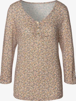 T-shirt à manches 3/4 patte de boutonnage courte avec boutons dorés et fronces délicates