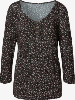 T-shirt à manches 3/4 patte de boutonnage courte avec boutons dorés et fronces délicates