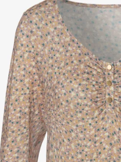 T-shirt à manches 3/4 patte de boutonnage courte avec boutons dorés et fronces délicates