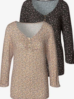T-shirt à manches 3/4 patte de boutonnage courte avec boutons dorés et fronces délicates