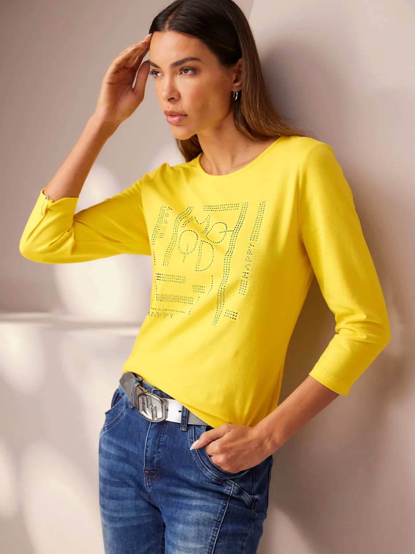 T-shirt à manches 3/4 petites pierres brillantes fantaisie