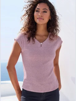 T-shirt à manches courtes bouton brillant à strass au niveau de l'encolure