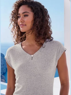 T-shirt à manches courtes bouton brillant à strass au niveau de l'encolure