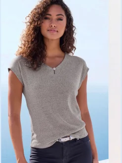T-shirt à manches courtes bouton brillant à strass au niveau de l'encolure