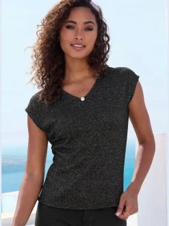 T-shirt à manches courtes bouton brillant à strass au niveau de l'encolure