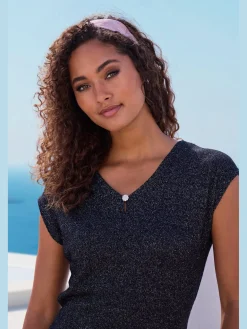 T-shirt à manches courtes bouton brillant à strass au niveau de l'encolure