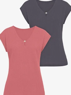 T-shirt à manches courtes encolure en v avec petite fente et perle décorative