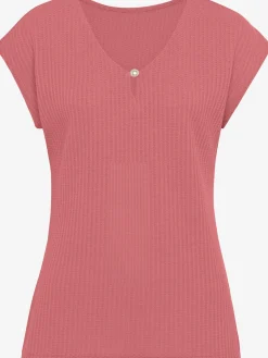 T-shirt à manches courtes encolure en v avec petite fente et perle décorative