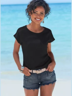 T-shirt à manches courtes empiècement crochet fin aux épaules